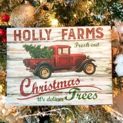 Cream White And Red Holly Farms Rectangular Sign With Rope Hanger 7" X 10"