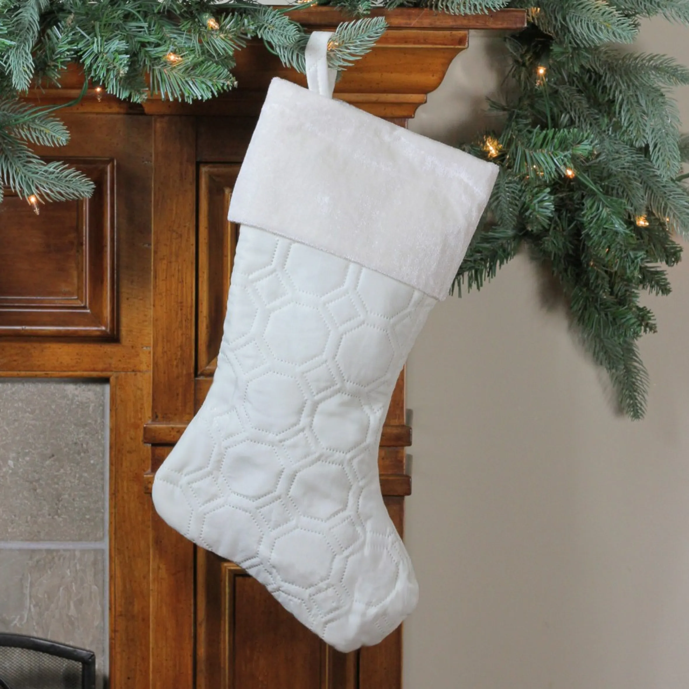 18" Cream White Quilted Christmas Stocking With A Velvet Cuff