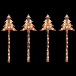 4Ct Lighted Christmas Tree Pathway Marker With Lawn Stakes White Wire - Clear Lights