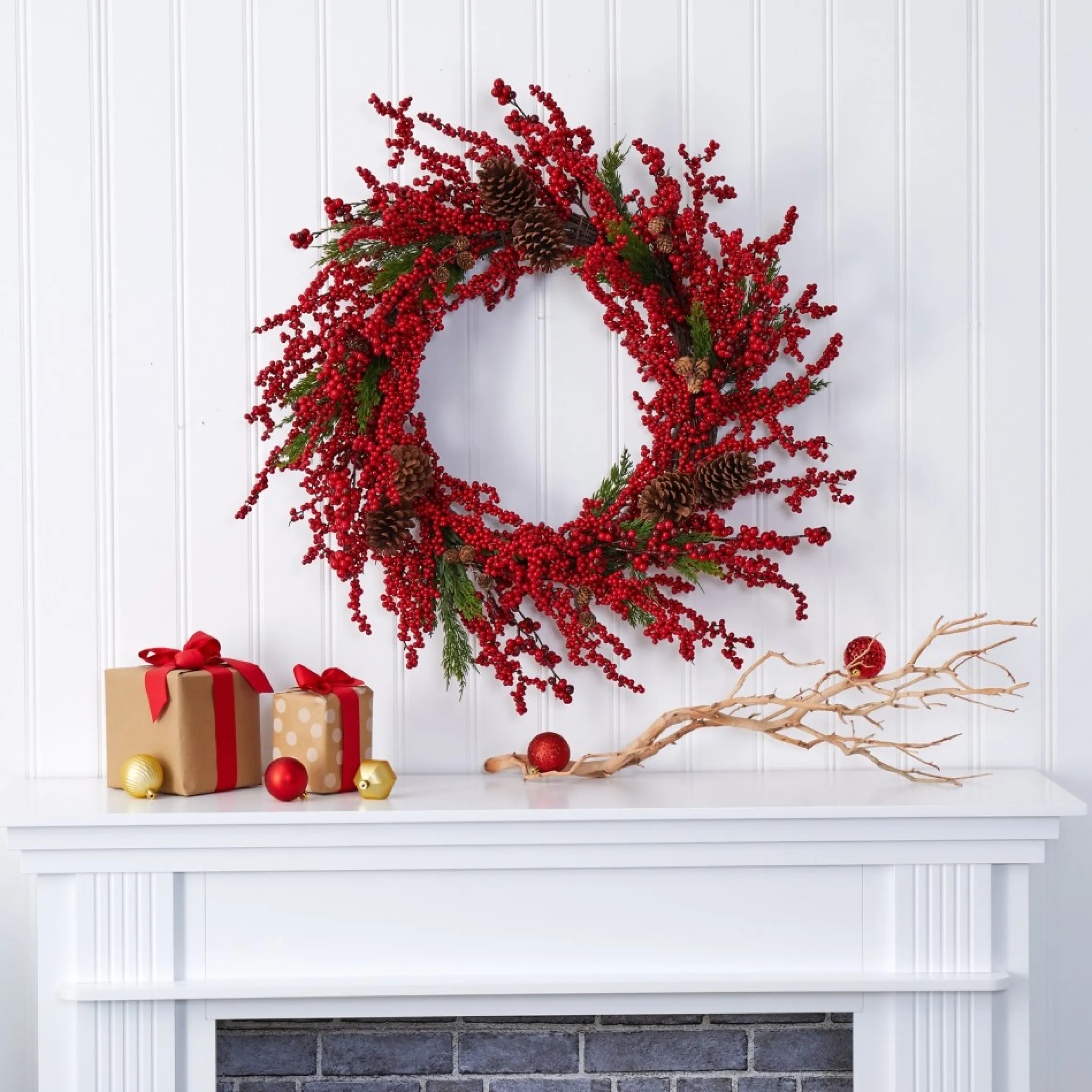 Cypress Artificial Christmas Wreath With Berries And Pine Cones, 34-Inch, Unlit