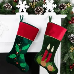 20" Dark Green And Red Holly Berry Christmas Stocking