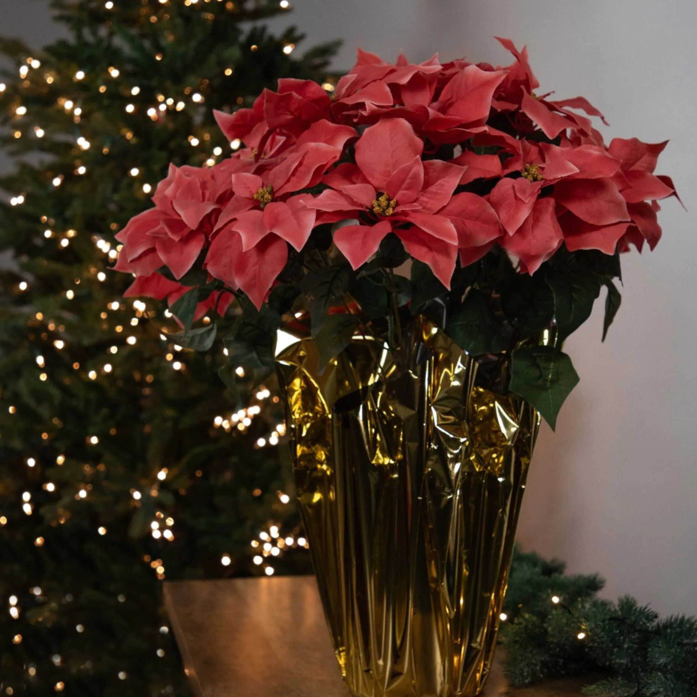 28" Dark Pink Artificial Christmas Poinsettia With Gold Wrapped Base