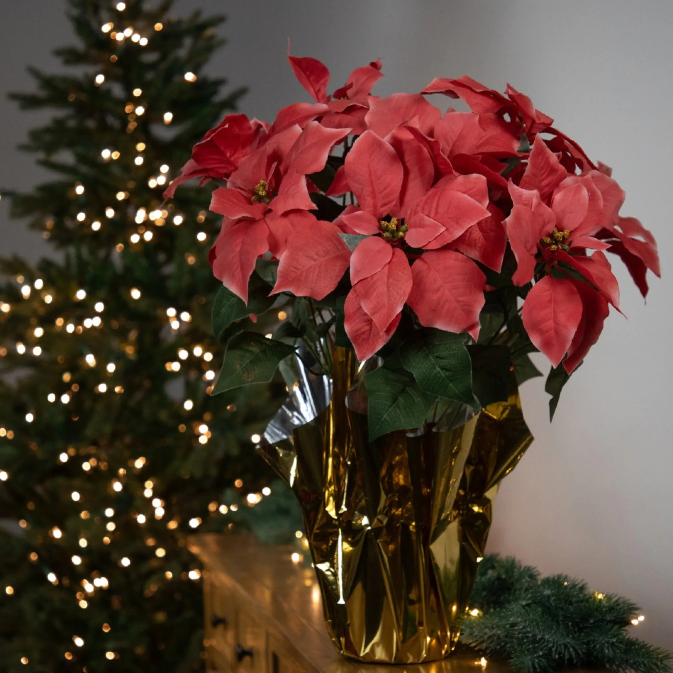 20" Dark Pink Artificial Christmas Poinsettia With Gold Wrapped Base