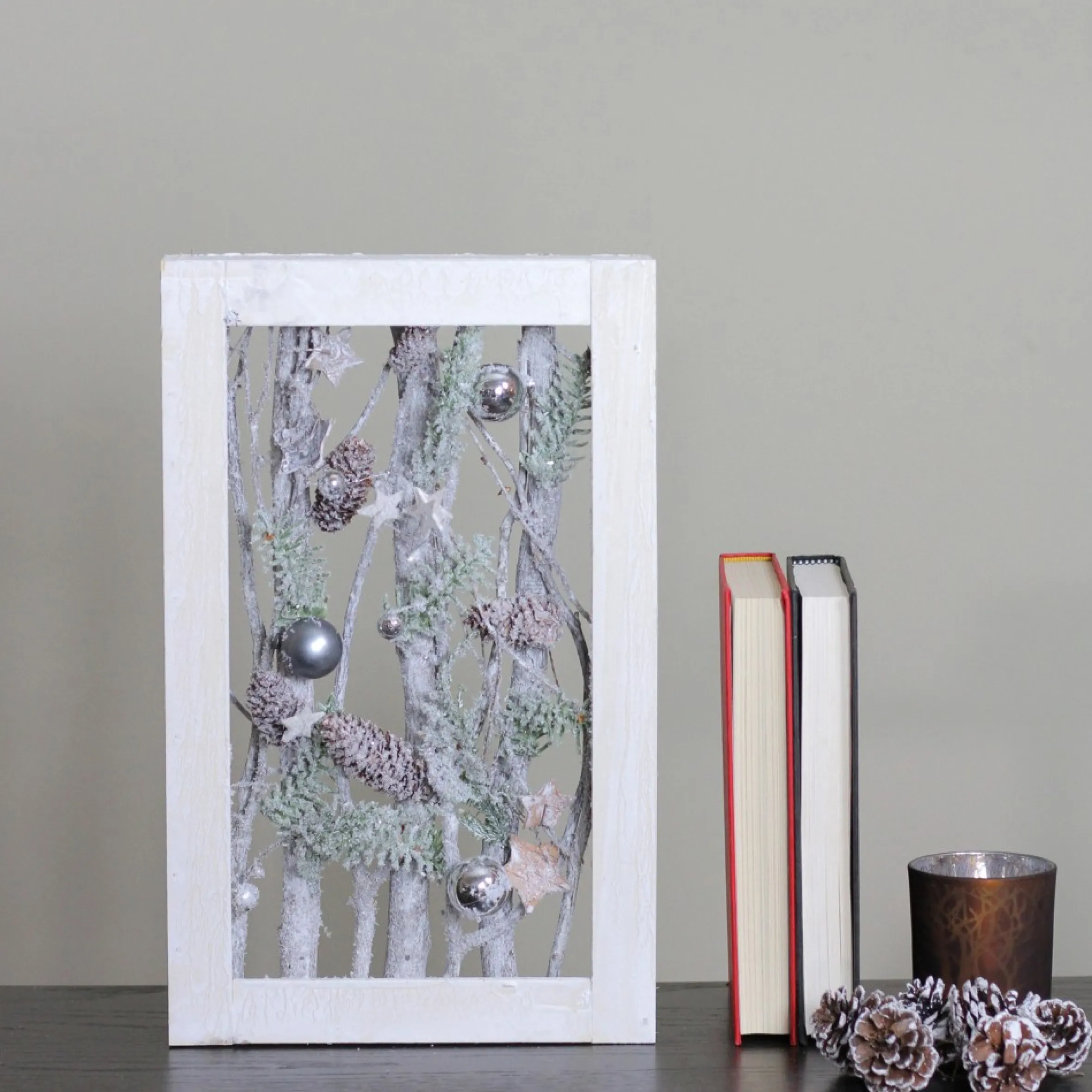 14.25" Decorated Standing Birch Branches In Wood Frame Table Or Wall Decoration