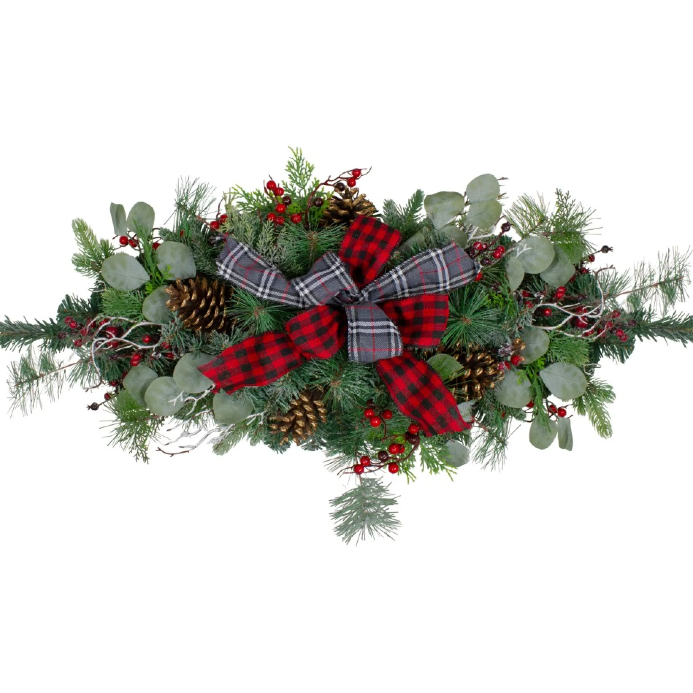 36" Dual Plaid Bows And Red Berries Artificial Christmas Swag - Unlit