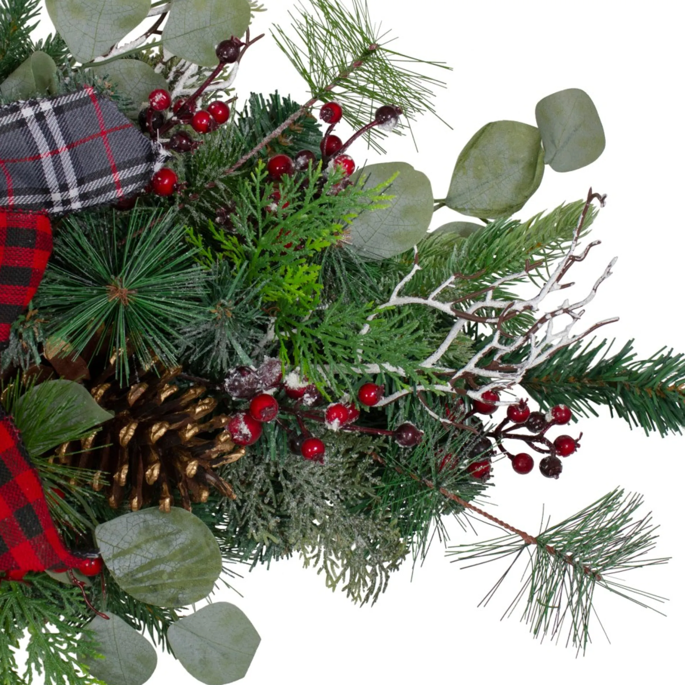 36" Dual Plaid Bows And Red Berries Artificial Christmas Swag - Unlit