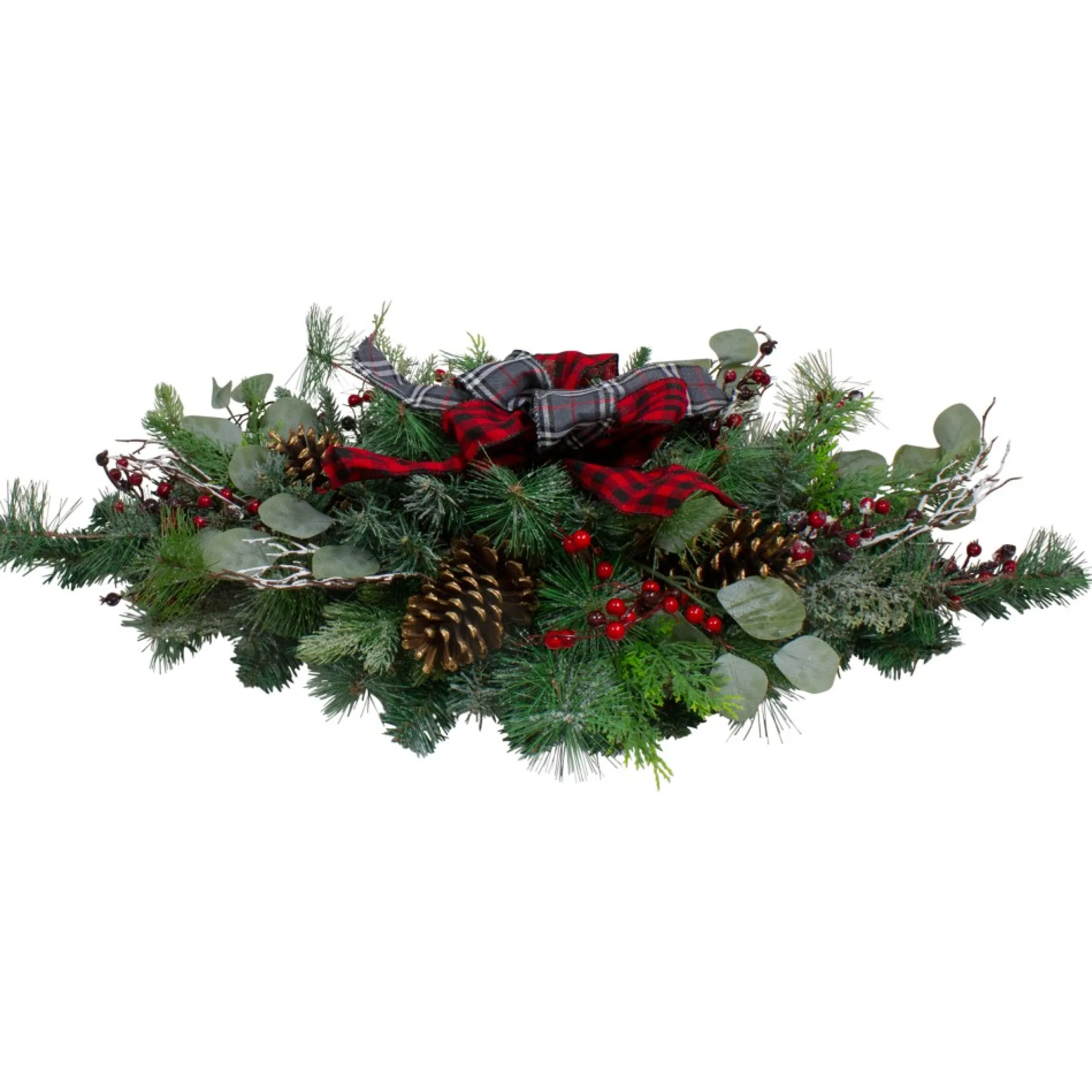 36" Dual Plaid Bows And Red Berries Artificial Christmas Swag - Unlit