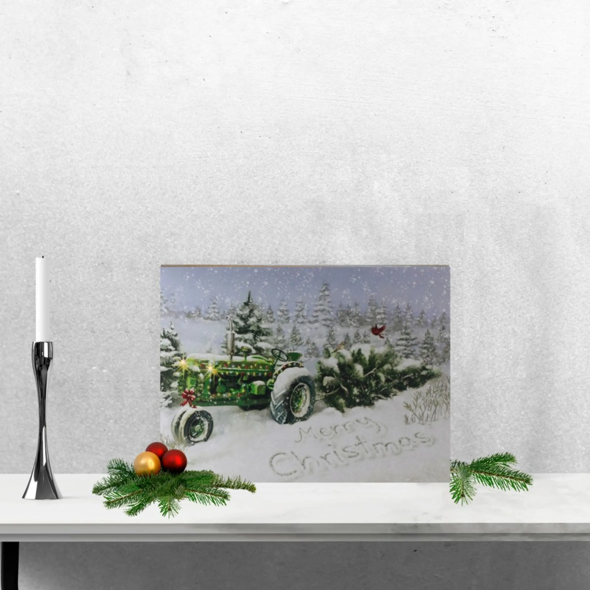 Fiber Optic And Led Lighted Merry Christmas Tractor Canvas Wall Art 12" X 15.75"