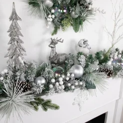 6' Flocked Pine Artificial Christmas Garland With Iridescent Ornaments, Unlit