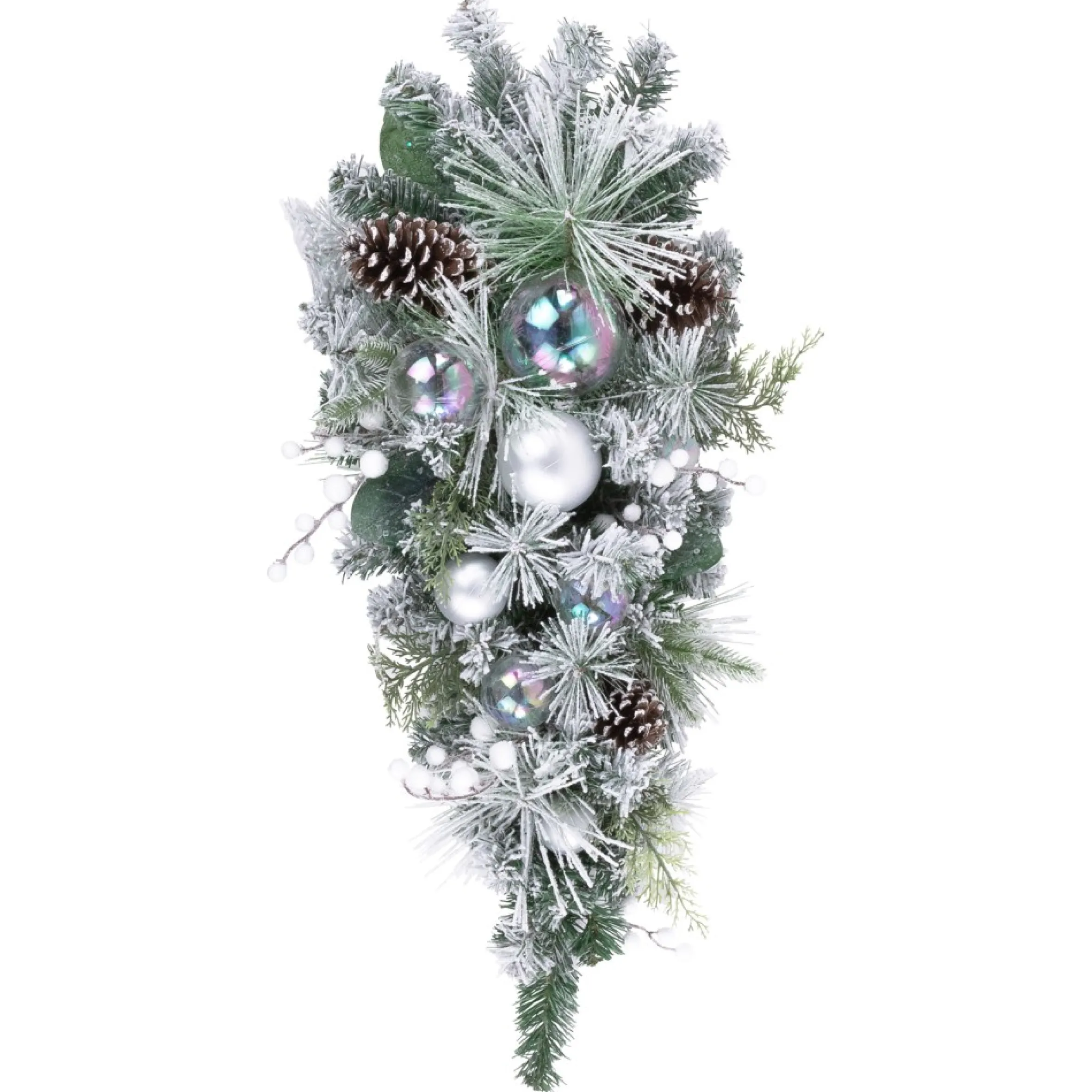 30" Flocked Pine Artificial Christmas Teardrop Swag With Iridescent Ornaments - Unlit