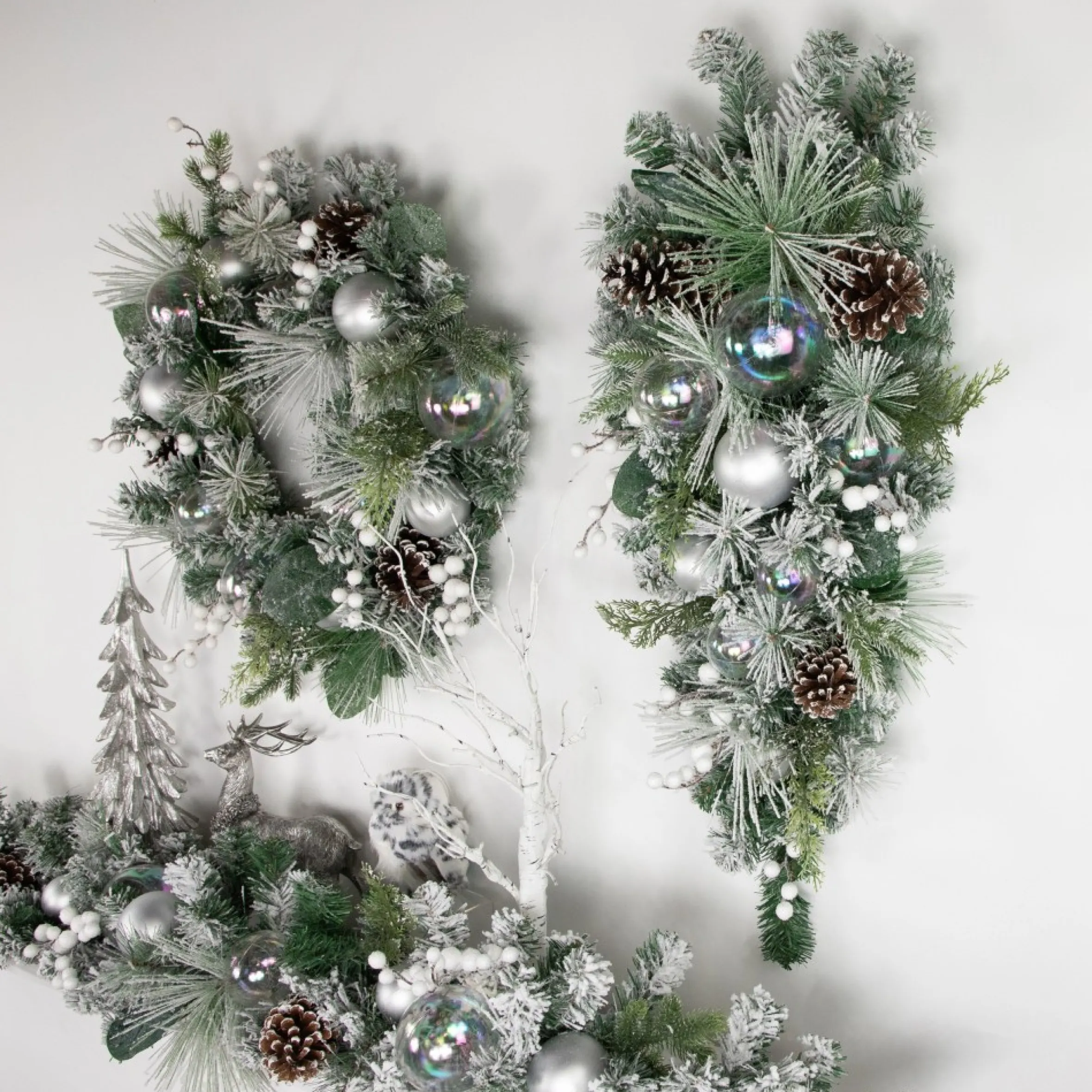 30" Flocked Pine Artificial Christmas Teardrop Swag With Iridescent Ornaments - Unlit