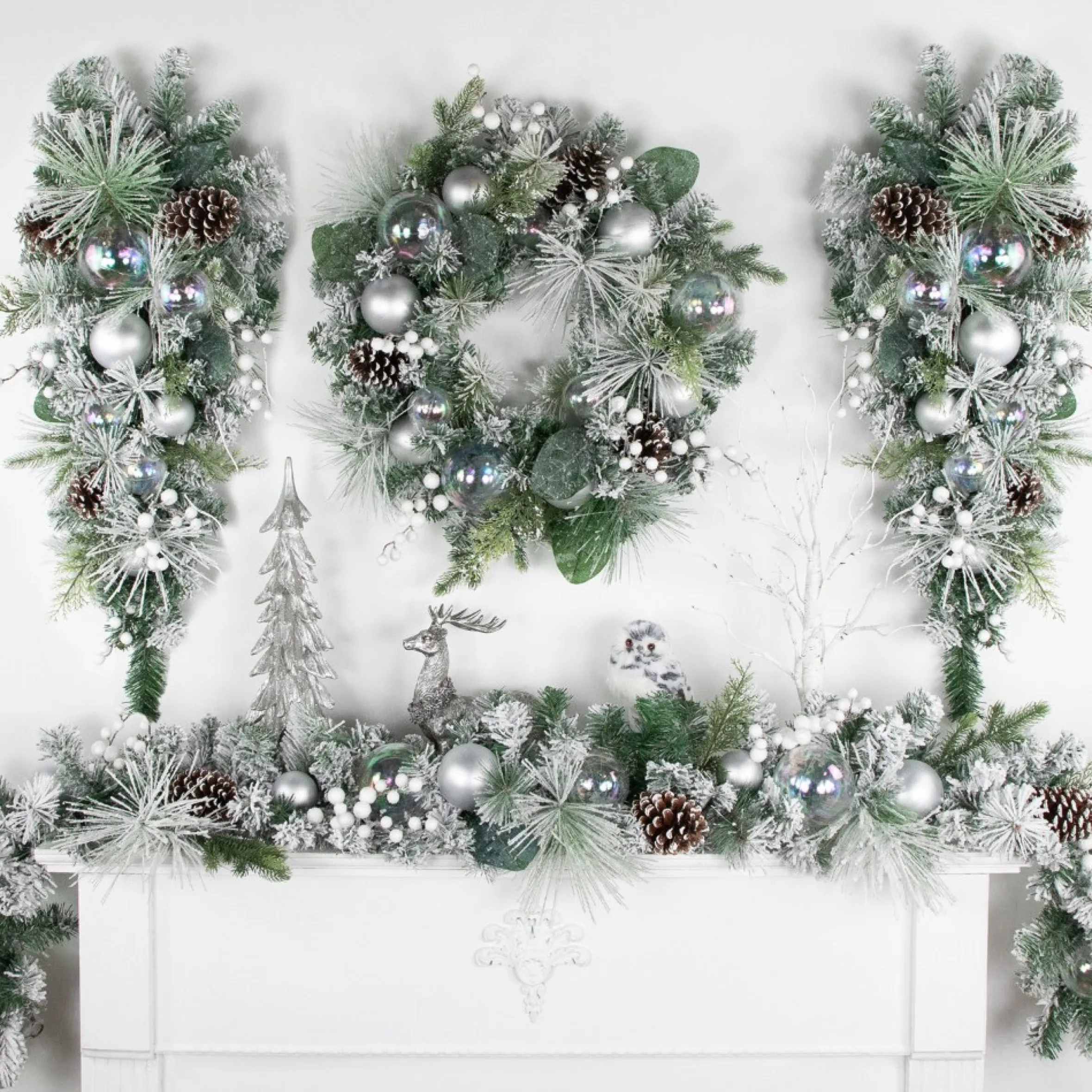 30" Flocked Pine Artificial Christmas Teardrop Swag With Iridescent Ornaments - Unlit