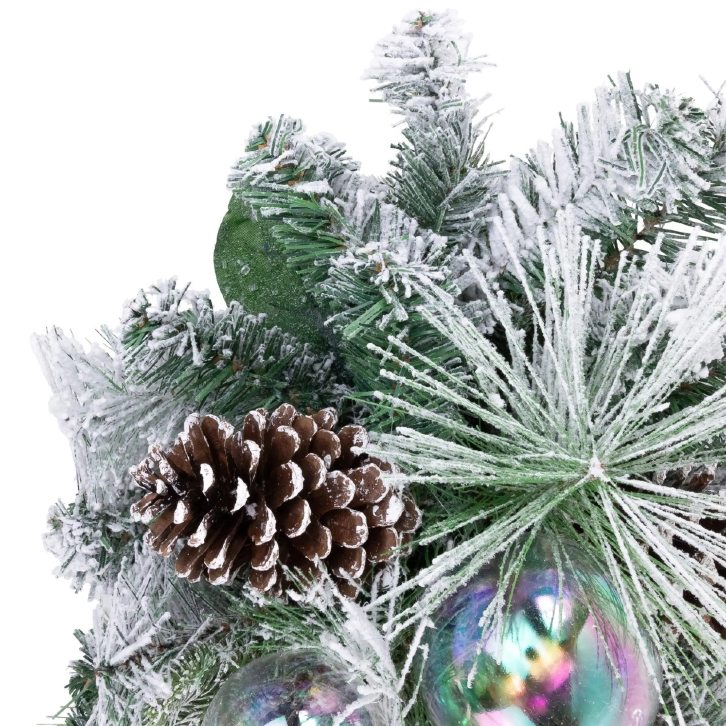30" Flocked Pine Artificial Christmas Teardrop Swag With Iridescent Ornaments - Unlit