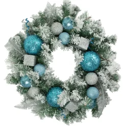 Flocked Pine With Teal And Silver Ornaments Artificial Christmas Wreath, 24-Inch, Unlit