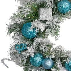 Flocked Pine With Teal And Silver Ornaments Artificial Christmas Wreath, 24-Inch, Unlit