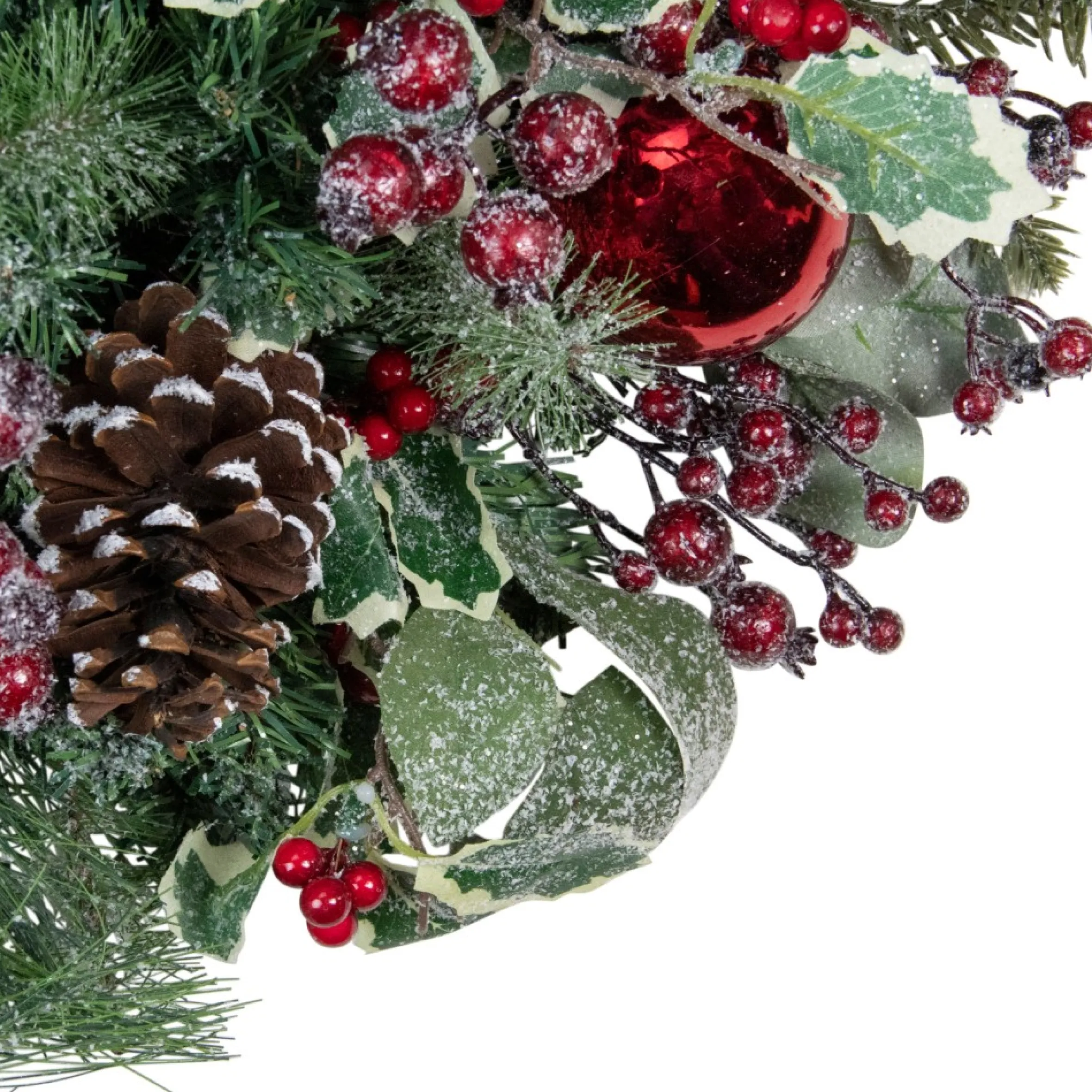 Frosted Long Needle Pine And Ornaments Artificial Christmas Wreath, 32-Inch