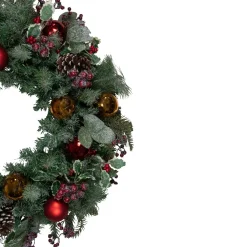 Frosted Long Needle Pine And Ornaments Artificial Christmas Wreath, 32-Inch