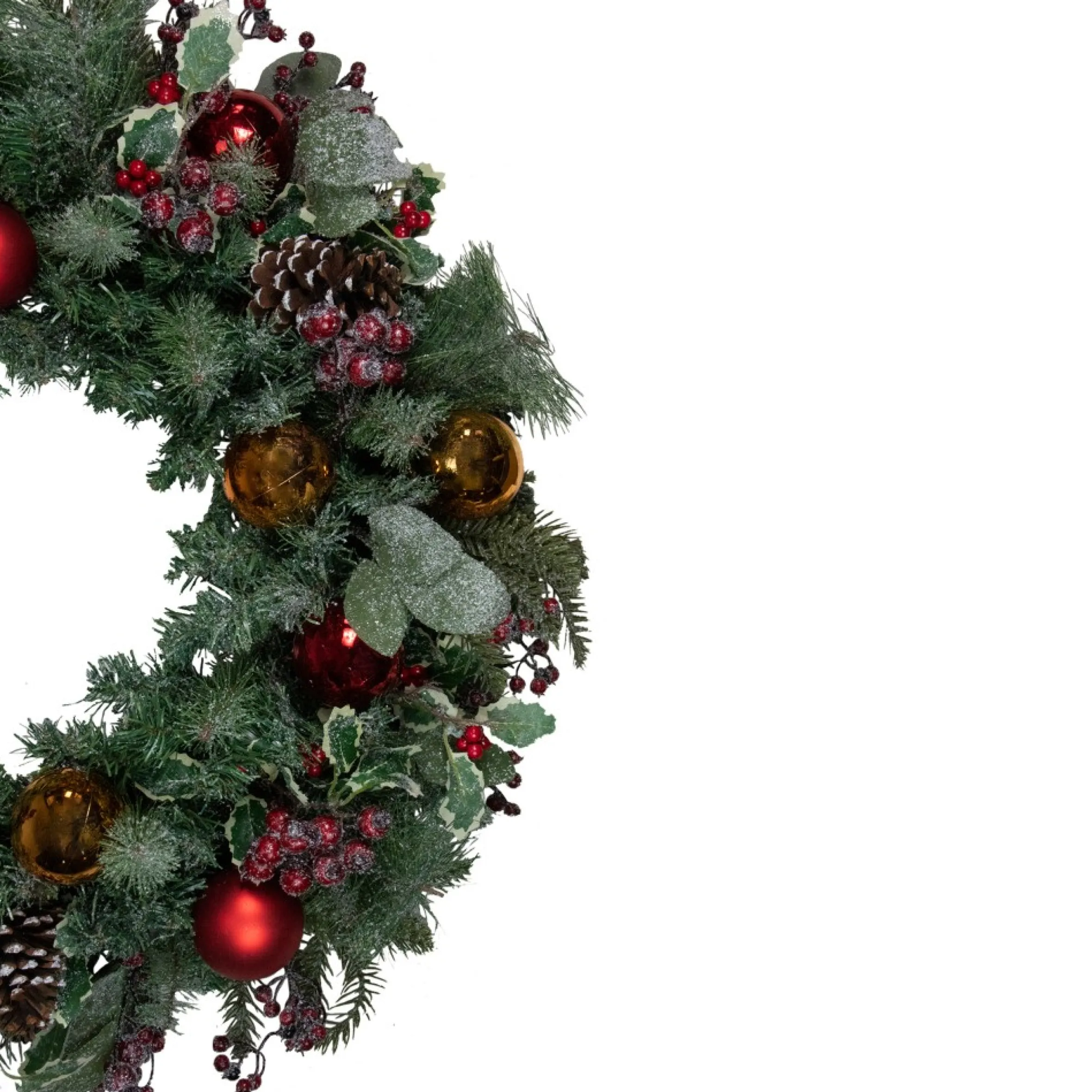 Frosted Long Needle Pine And Ornaments Artificial Christmas Wreath, 32-Inch