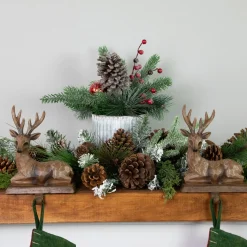 12" Frosted Pine, Berries And Pine Cones Floral Arrangement In Tin Pot