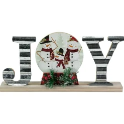 15" Galvanized Metal And Wooden 'Joy' Snowman Family Christmas Sign
