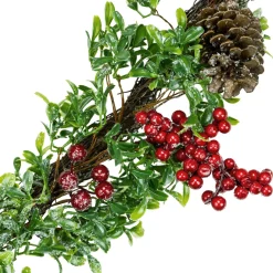 6' Glittered Artificial Boxwood, Pine Cone And Red Berry Christmas Garland- Unlit