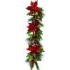 48" Glittered Red Poinsettia And Long Pine Christmas Swag, Unlit