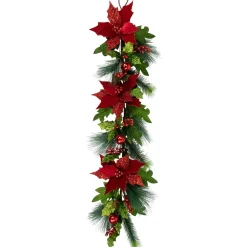 48" Glittered Red Poinsettia And Long Pine Christmas Swag, Unlit