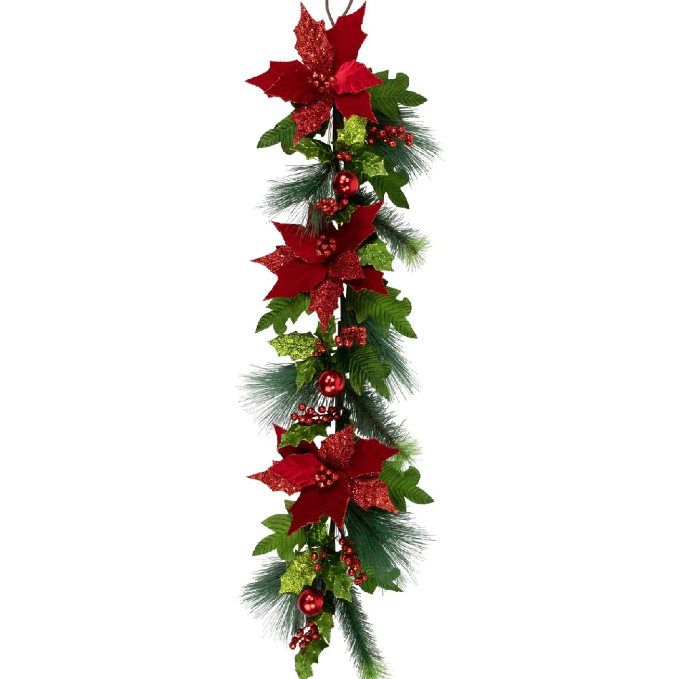 48" Glittered Red Poinsettia And Long Pine Christmas Swag, Unlit