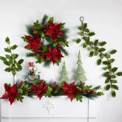 48" Glittered Red Poinsettia And Long Pine Christmas Swag, Unlit