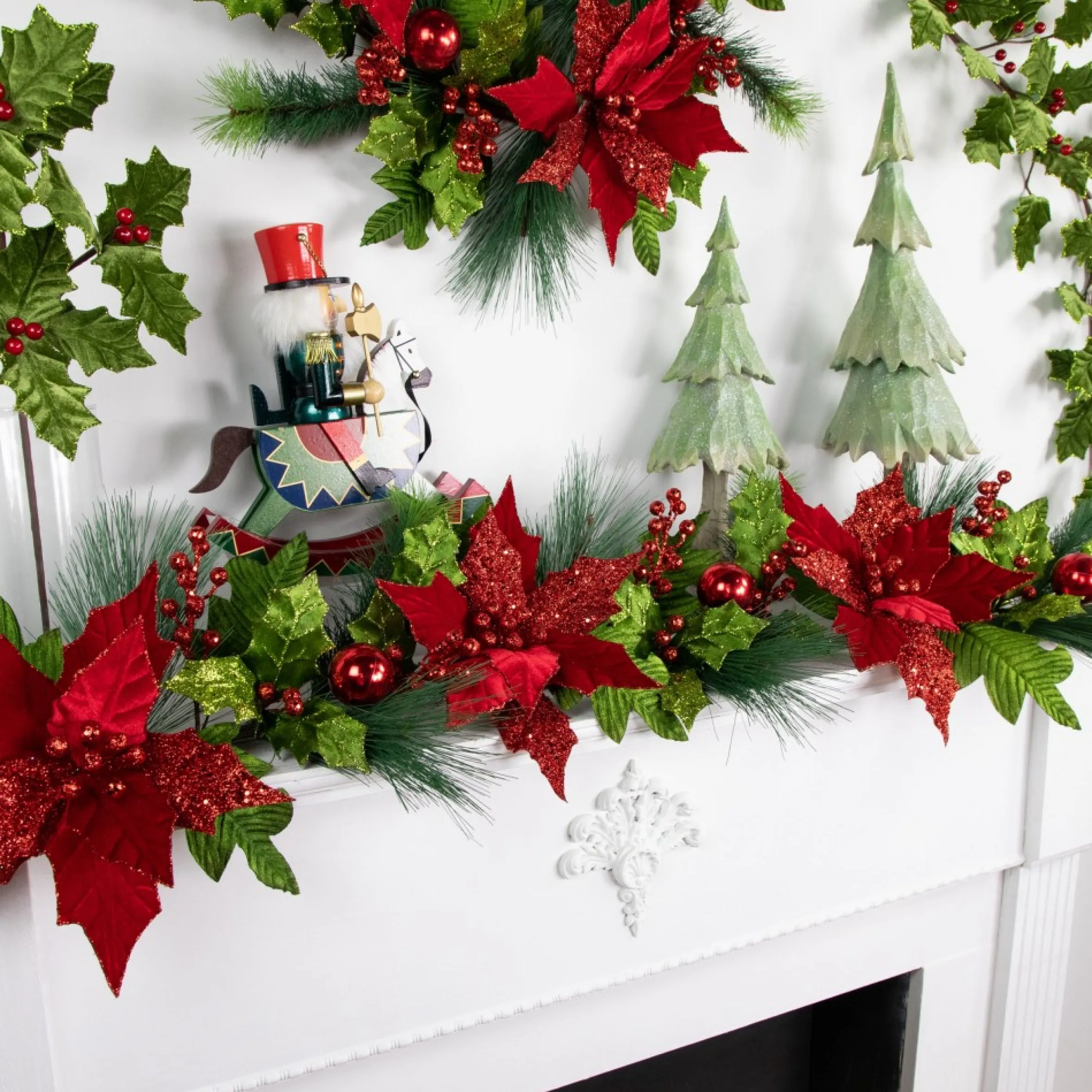 48" Glittered Red Poinsettia And Long Pine Christmas Swag, Unlit