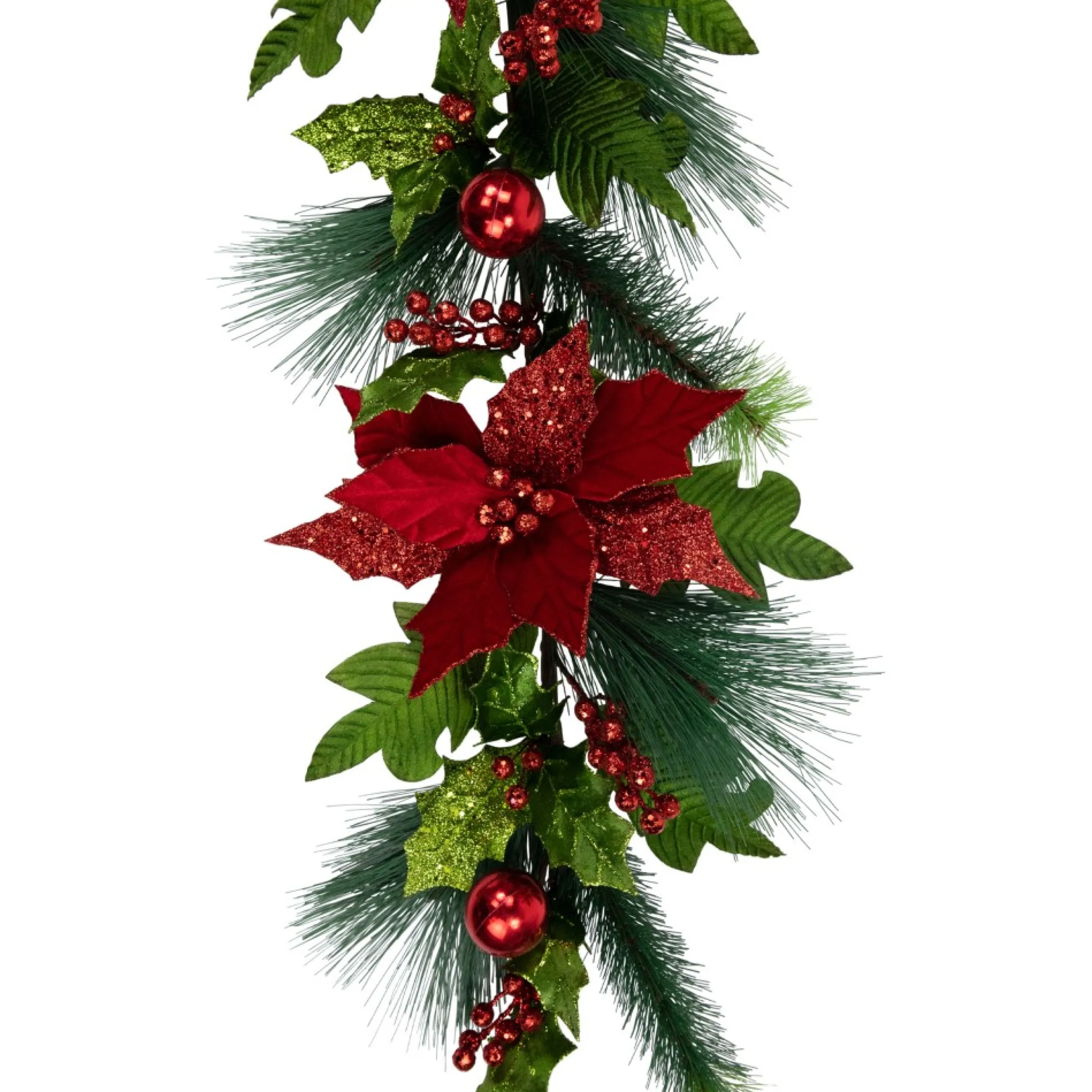 48" Glittered Red Poinsettia And Long Pine Christmas Swag, Unlit