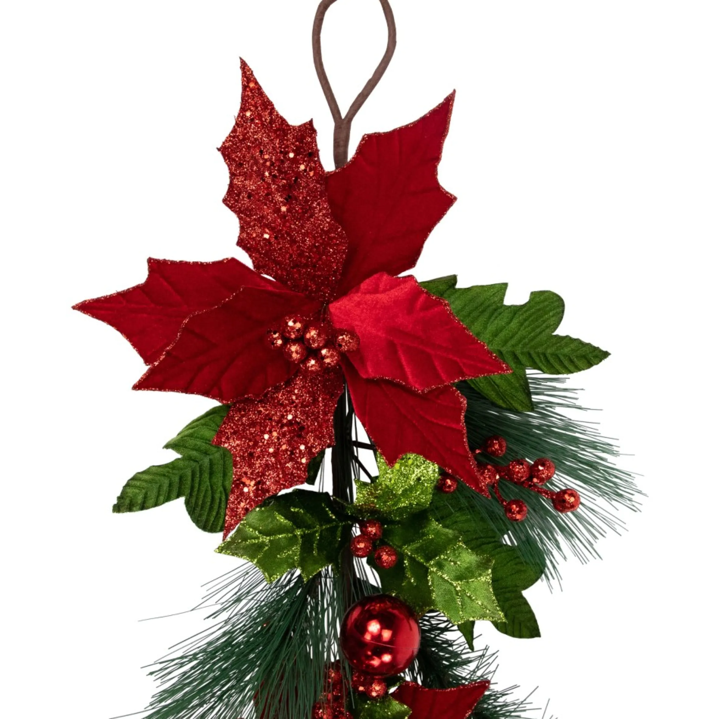 48" Glittered Red Poinsettia And Long Pine Christmas Swag, Unlit