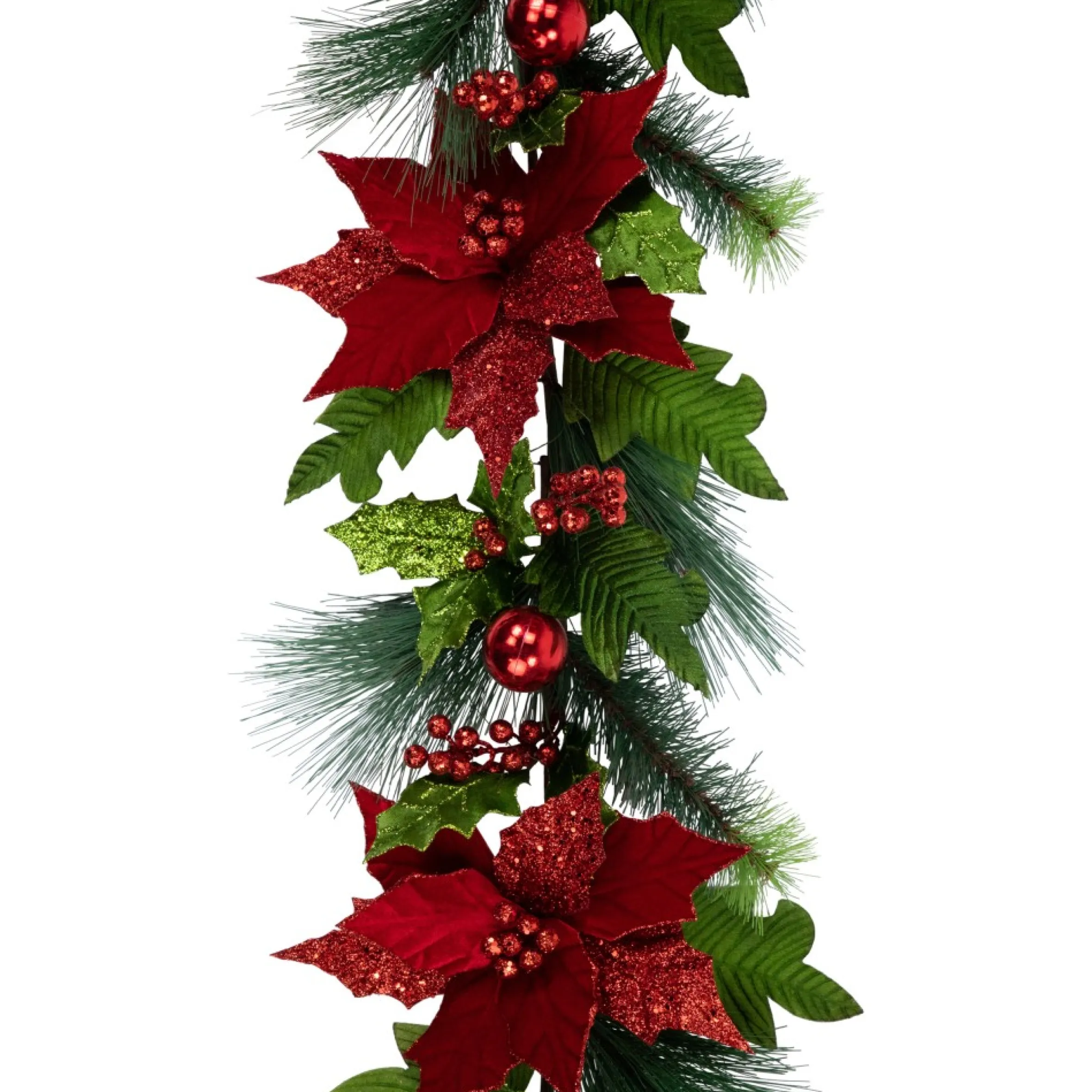 48" Glittered Red Poinsettia And Long Pine Christmas Swag, Unlit