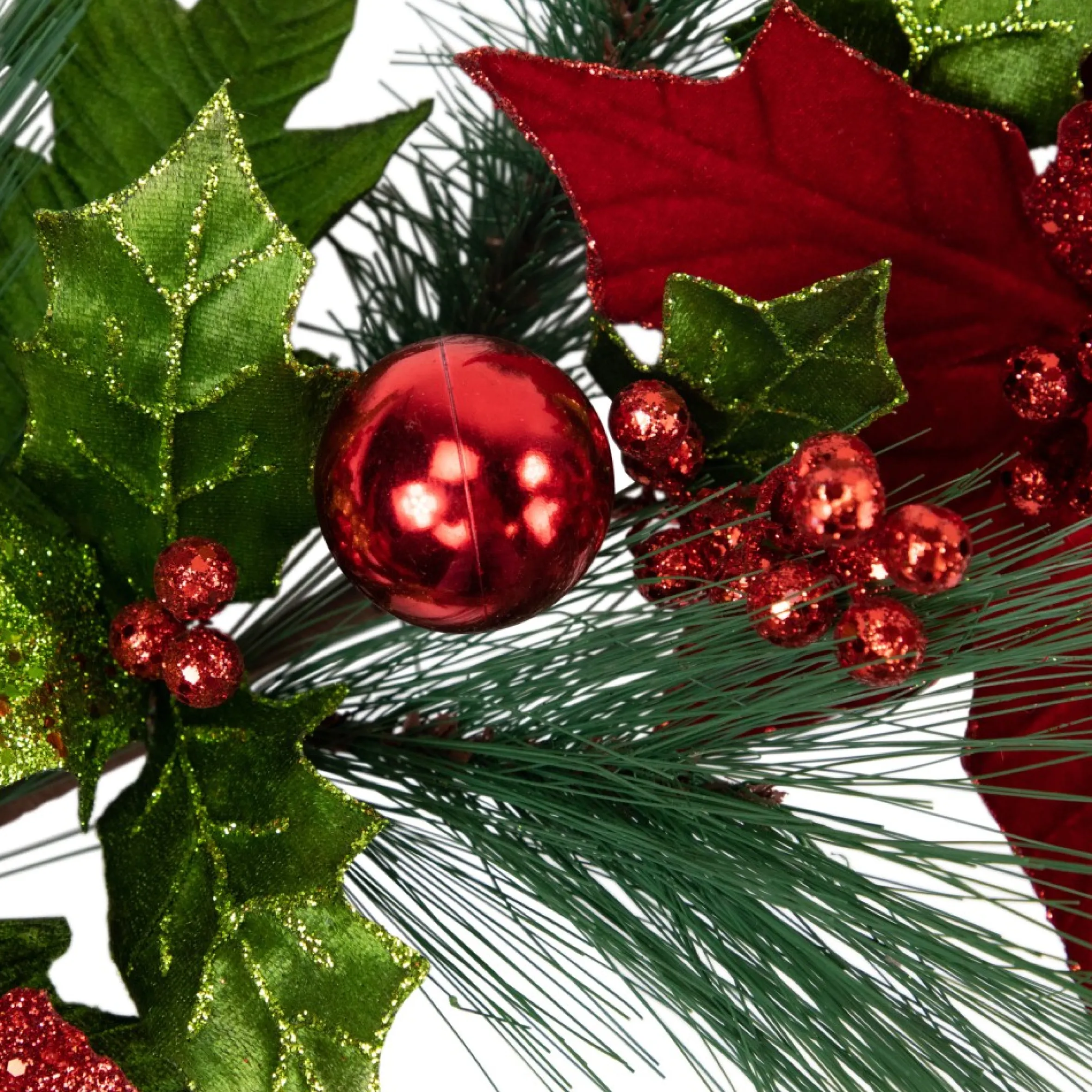 48" Glittered Red Poinsettia And Long Pine Christmas Swag, Unlit