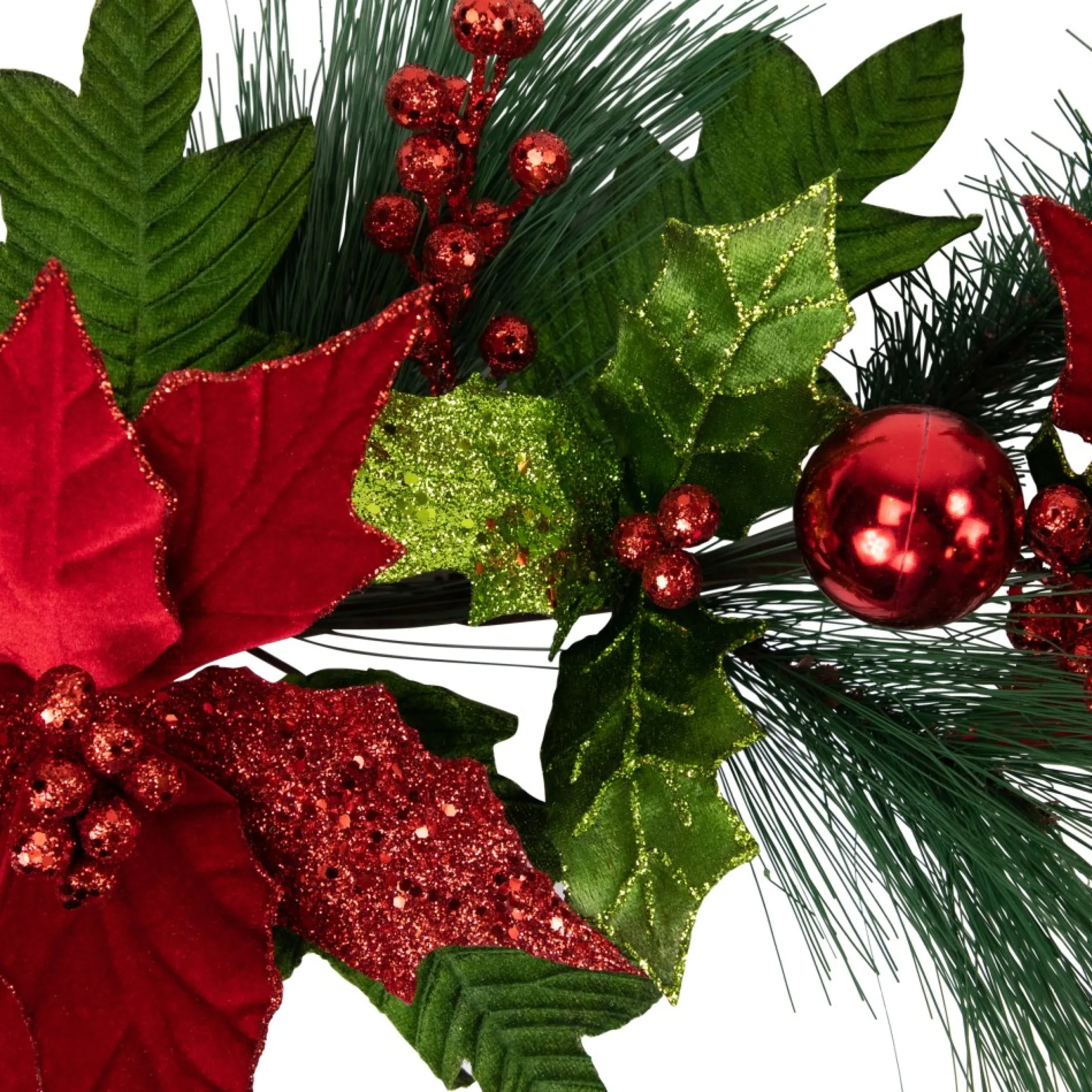 48" Glittered Red Poinsettia And Long Pine Christmas Swag, Unlit