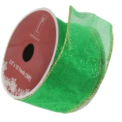 Glittering Green And Gold Solid Wired Christmas Craft Ribbon 2.5