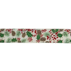 Glitter White And Green Holly Berries Christmas Wired Craft Ribbon 2.5" X 16 Yards