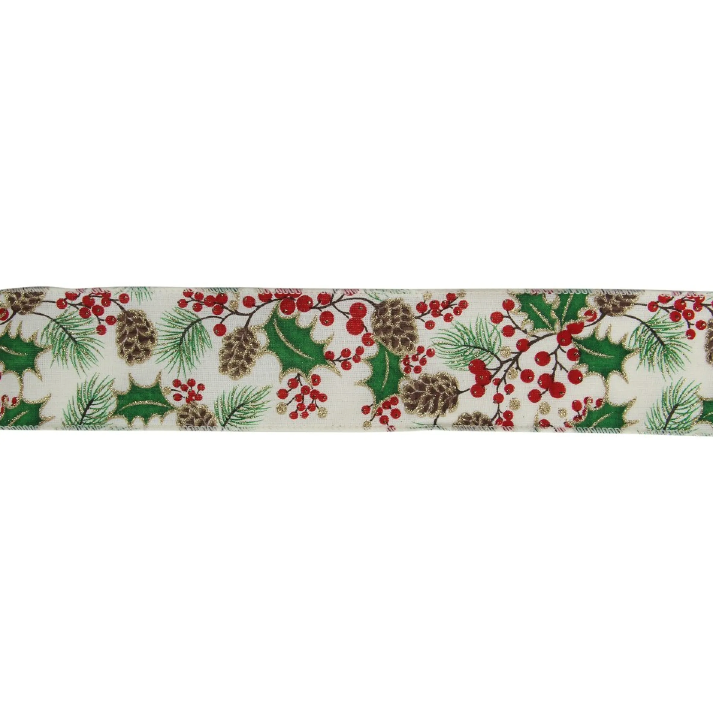Glitter White And Green Holly Berries Christmas Wired Craft Ribbon 2.5" X 16 Yards