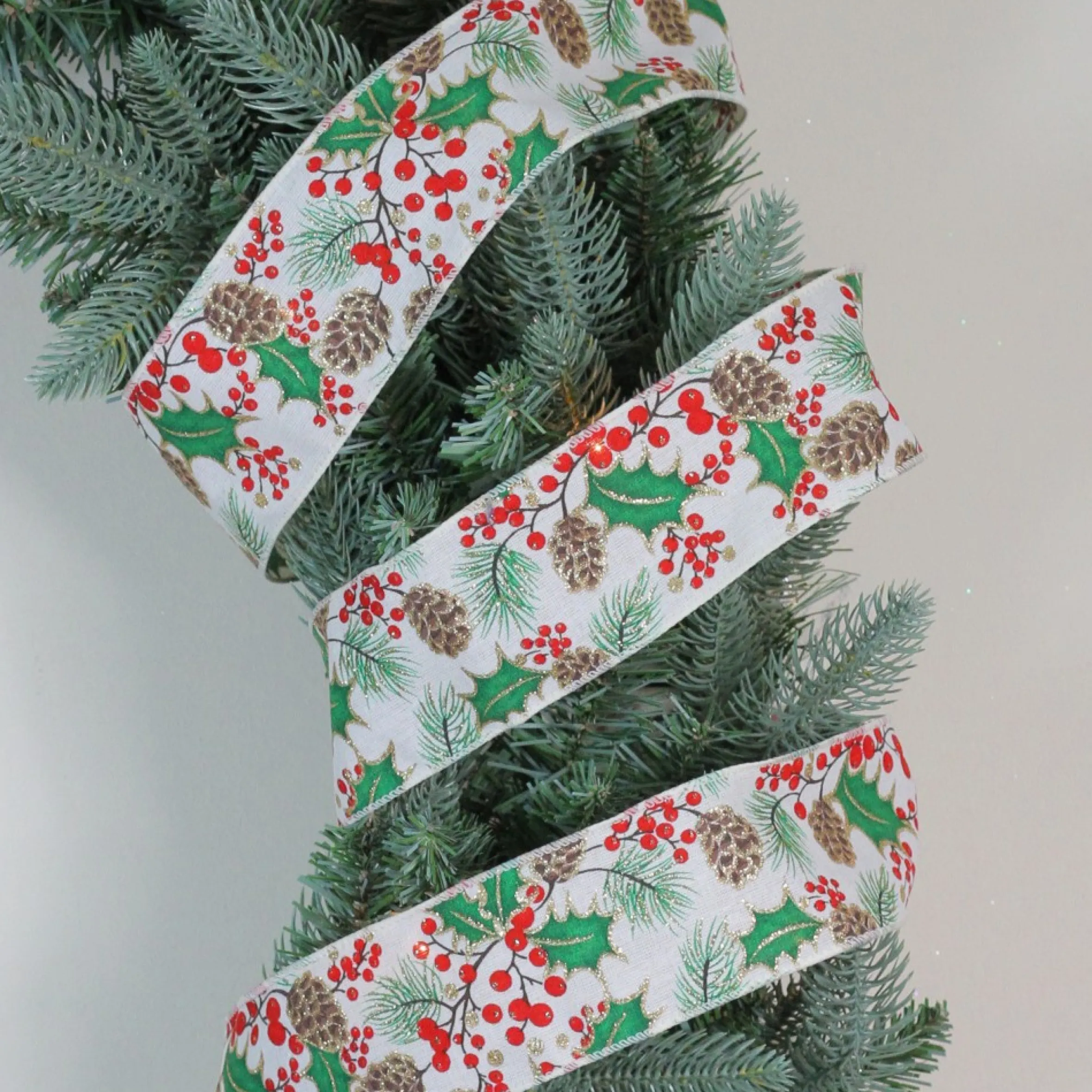 Glitter White And Green Holly Berries Christmas Wired Craft Ribbon 2.5" X 16 Yards