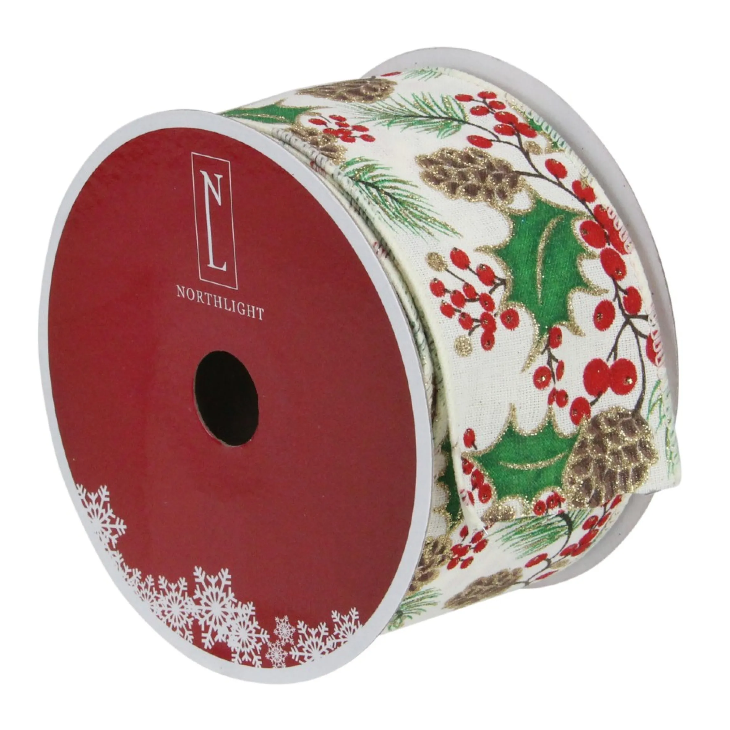 Glitter White And Green Holly Berries Christmas Wired Craft Ribbon 2.5" X 16 Yards
