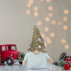 12" Gnome With Gold And White Flip Sequin Hat Christmas Decoration
