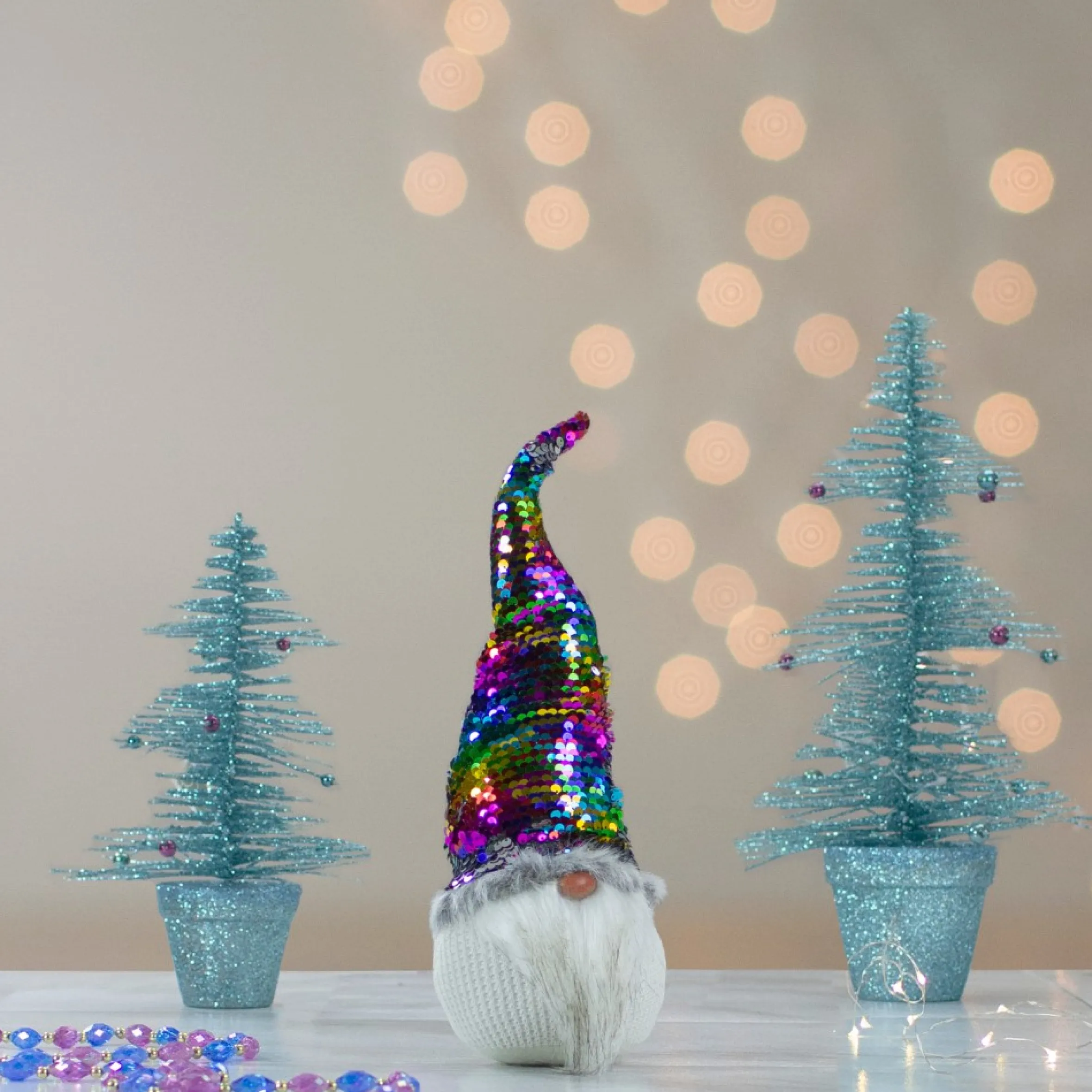 13" Gnome With Rainbow And Silver Flip Sequin Hat Christmas Decoration