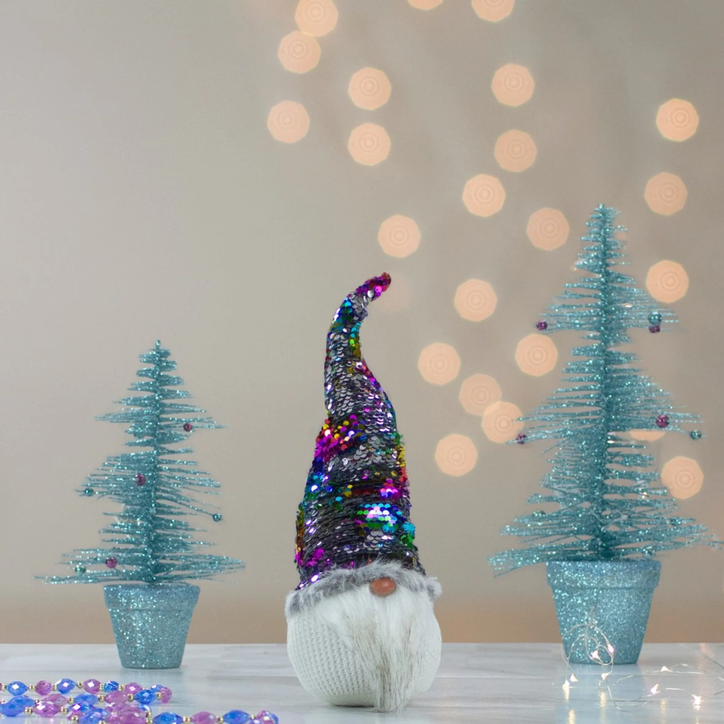 13" Gnome With Rainbow And Silver Flip Sequin Hat Christmas Decoration