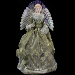 16" Gold And Brown Lighted Angel In Gown With Harp Christmas Tree Topper