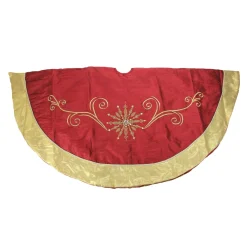 54" Gold And Burgundy Gem Embroidered Snowflake Swirls Silk Christmas Tree Skirt