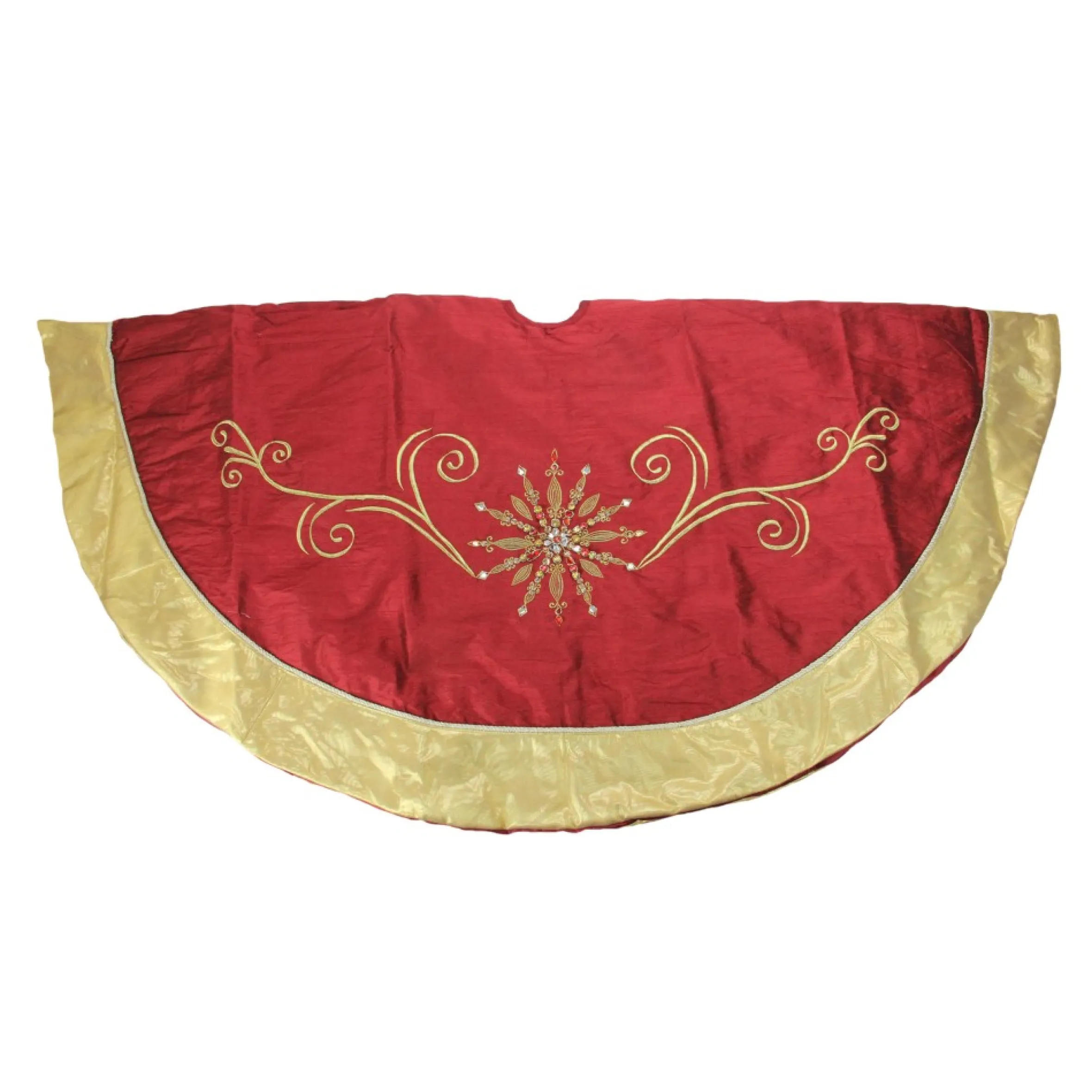 54" Gold And Burgundy Gem Embroidered Snowflake Swirls Silk Christmas Tree Skirt
