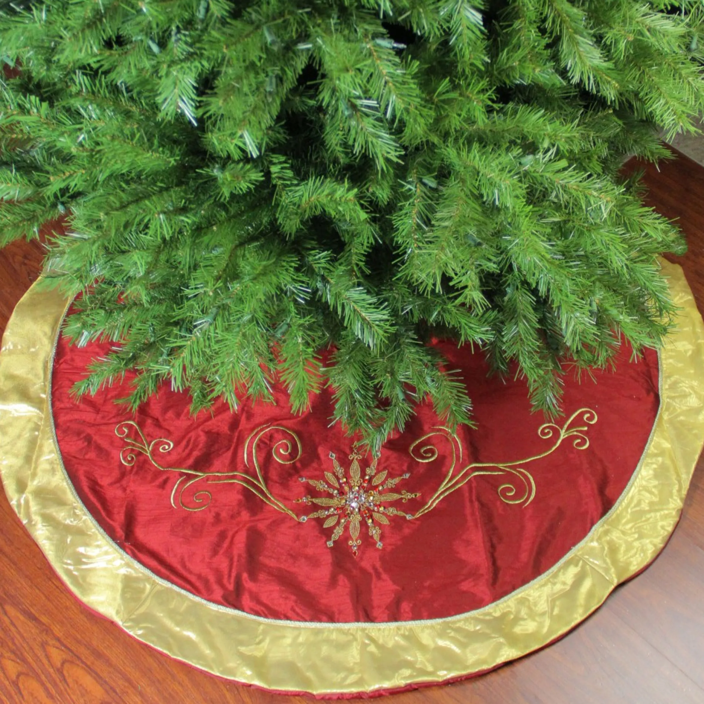 54" Gold And Burgundy Gem Embroidered Snowflake Swirls Silk Christmas Tree Skirt