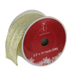 Gold And White Diagonal Stripe Wired Christmas Craft Ribbon 2.5" X 10 Yards