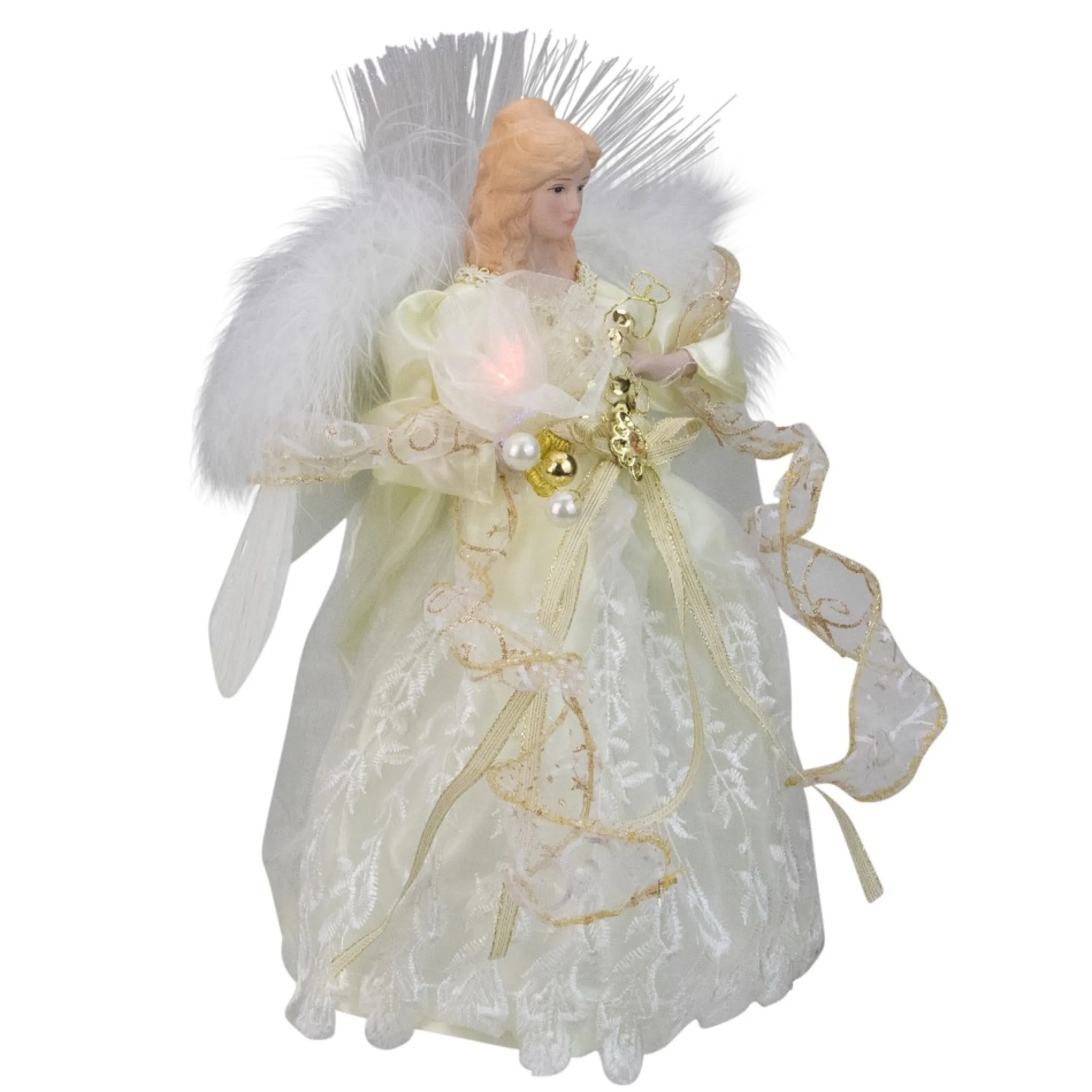 12" Gold And White Led Lighted Fiber Optic Angel Christmas Tree Topper