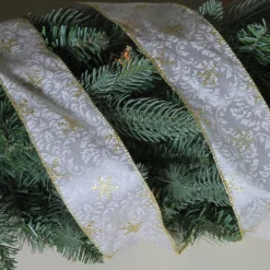 Gold And White Snowflake Printed Christmas Wired Craft Ribbon 2.5
